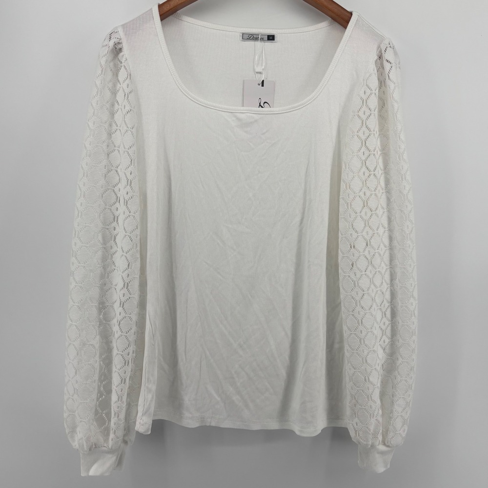 White Ribbed Knit Scoop Neck Shirt Lace Balloon Sleeve Women M Viscose Bridal